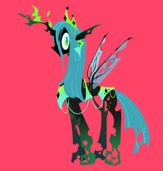 Size: 1280x1349 | Tagged: safe, artist:royalretribution, queen chrysalis, changeling, changeling queen, canterlot wedding 10th anniversary, g4, colored, crown, cutout, female, flat colors, horn, jewelry, lineless, looking at you, needs more saturation, red background, redesign, regalia, side view, simple background, spread wings, staring at you, tail, wings