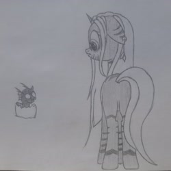 Size: 4215x4216 | Tagged: safe, artist:zerica, oc, hybrid, zony, baby changeling, butt, monochrome, pencil drawing, plot, traditional art