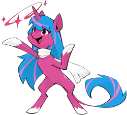 Size: 1769x1602 | Tagged: safe, artist:dar, oc, oc only, oc:echo shade, pony, unicorn, fanfic:song of seven, bipedal, clothes, horn, leonine tail, magic, performance, scarf, simple background, smiling, sparkles, tail, transparent background, unicorn oc