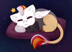 Size: 2041x1477 | Tagged: artist needed, safe, oc, oc:myrilith, draconequus, crown, cute, draconequus oc, jewelry, pillow, regalia, sleeping, solo, space