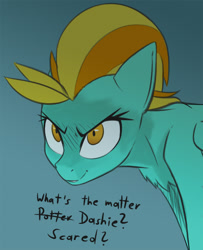 Size: 808x994 | Tagged: safe, artist:ikarooz, lightning dust, pegasus, pony, g4, chest fluff, dialogue, draco malfoy, harry potter (series), kubrick stare, reference, sinister, smiling, smirk, solo