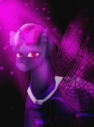 Size: 1600x2160 | Tagged: artist needed, safe, oc, oc:king dorigan, changeling, dark, light, looking at you, purple changeling, shadow, solo