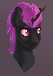 Size: 832x1201 | Tagged: artist needed, safe, oc, oc:king dorigan, changeling, bust, purple changeling, red eyes, solo