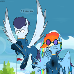 Size: 3072x3072 | Tagged: safe, rainbow dash, soarin', pegasus, pony, g4, alternate design, clothes, female, high res, male, mare, ship:soarindash, shipping, stallion, straight, uniform, wonderbolts, wonderbolts uniform