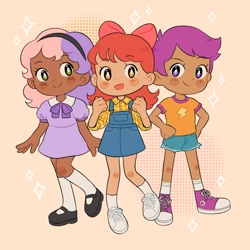 Size: 2000x2000 | Tagged: safe, artist:rosabeeart, apple bloom, scootaloo, sweetie belle, human, g4, clothes, cutie mark crusaders, dark skin, high res, humanized, looking at you, smiling, sparkles