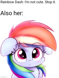 Size: 500x658 | Tagged: safe, artist:heavymetalbronyyeah, edit, rainbow dash, pegasus, pony, g4, cute, dashabetes, eyebrows, eyebrows visible through hair, floppy ears, fluffy, i'm not cute, looking at you, simple background, solo, white background