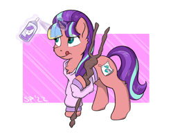 Size: 2062x1635 | Tagged: safe, artist:single purpose, oc, oc only, pony, unicorn, clothes, cosplay, costume, fake cutie mark, glowing, glowing horn, horn, paper, solo, spray, spray paint, staff, sweater, tongue out