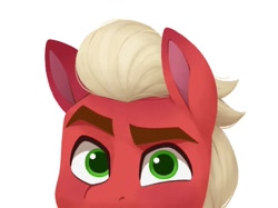 Size: 1134x850 | Tagged: safe, artist:bcpony, part of a set, sprout cloverleaf, earth pony, pony, g5, bust, colored pupils, cute, head only, looking at you, male, peeking, portrait, simple background, solo, sproutbetes, stallion, white background