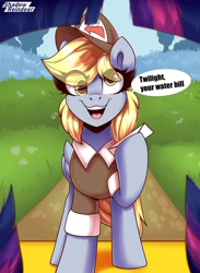 Size: 1200x1636 | Tagged: safe, artist:shadowreindeer, derpy hooves, twilight sparkle, alicorn, pegasus, pony, g4, bill, cute, derp, derpabetes, dialogue, eye clipping through hair, hat, mailmare, mailmare hat, mailmare uniform, offscreen character, open mouth, open smile, pov, smiling, text, twilight sparkle (alicorn)