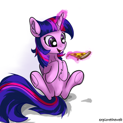 Size: 2048x2048 | Tagged: safe, artist:exploretheweb, twilight sparkle, alicorn, pony, g4, cute, female, food, glowing, glowing horn, high res, horn, magic, meat, pepperoni, pepperoni pizza, pizza, simple background, solo, telekinesis, twilight sparkle (alicorn), white background
