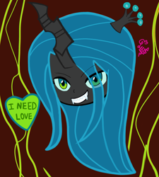 Size: 2184x2427 | Tagged: safe, artist:flutteryaylove, queen chrysalis, canterlot wedding 10th anniversary, g4, brown background, crown, female, heart, high res, horn, jewelry, regalia, simple background, smiling, solo, text