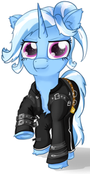 Size: 716x1374 | Tagged: safe, artist:exploretheweb, trixie, pony, unicorn, g4, clothes, female, jacket, leather jacket, simple background, solo, white background