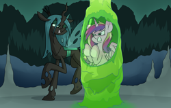 Size: 3000x1902 | Tagged: safe, artist:moonatik, princess cadance, queen chrysalis, alicorn, changeling, changeling queen, pony, canterlot wedding 10th anniversary, g4, angry, bad end, bondage, captive, captured, cave, changeling domination, changeling slime, cocoon, crown, evil, evil smile, female, grin, gritted teeth, horn, jewelry, mare, regalia, smiling, teeth, trapped, wings