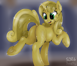 Size: 3000x2562 | Tagged: safe, alternate version, artist:dosh, sweetie belle, pony, unicorn, g4, one bad apple, bodypaint, butt, dock, featureless crotch, female, frog (hoof), gold, high res, looking back, luster dust, mare, older, older sweetie belle, open mouth, open smile, plot, smiling, solo, sweetie gold, tail, the cmc's cutie marks, underhoof