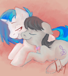 Size: 760x850 | Tagged: safe, artist:lilypaints, dj pon-3, octavia melody, vinyl scratch, earth pony, pony, unicorn, g4, duo, eyes closed, female, lesbian, ship:scratchtavia, shipping, smiling