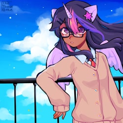 Size: 1440x1440 | Tagged: safe, artist:thetookiecookie, twilight sparkle, human, g4, cardigan, clothes, cloud, dark skin, detailed background, ears, female, hairpin, horn, horned humanization, humanized, looking up, loose hair, necktie, railing, sky, solo, windswept hair, winged humanization, wings