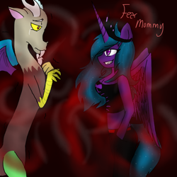 Size: 600x600 | Tagged: safe, artist:darkdreamingblossom, discord, oc, oc:flutternight, alicorn, draconequus, anthro, g4, alicorn oc, anthro oc, crying, duo, female, horn, wings