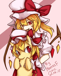 Size: 701x871 | Tagged: safe, artist:妖魔鬼怪, bat pony, pony, undead, vampire, crossover, cute, duality, female, filly, flandre scarlet, foal, ponified, self paradox, self ponidox, touhou