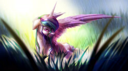 Size: 2245x1244 | Tagged: safe, artist:itssim, princess celestia, alicorn, pony, g4, cute, cutelestia, female, grass, looking at you, mare, smiling, smiling at you, solo, spread wings, wet, wet mane, wings