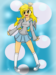 Size: 600x800 | Tagged: safe, artist:darkdreamingblossom, derpy hooves, human, g4, bubble, clothes, converse, female, food, humanized, muffin, shoes, skirt, socks, solo, winged humanization, wings