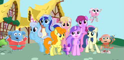 Size: 1777x867 | Tagged: safe, artist:julie56, edit, amethyst star, berry punch, berryshine, bon bon, carrot top, golden harvest, lily, lily valley, linky, minuette, shoeshine, sparkler, sweetie drops, cat, earth pony, elephant, monkey, mouse, pony, unicorn, g4, adorabon, awwmethyst star, background pony, berrybetes, buddies, chico bon bon, chico bon bon: monkey with a tool belt, clark the elephant, crossover, cute, cutie top, female, lilybetes, linkybetes, male, mare, minubetes, namesake, ponyville, pun, rainbow thunder, tiny (chico bon bon: monkey with a tool belt), visual pun