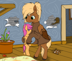 Size: 2560x2160 | Tagged: safe, artist:terminalhash, scootaloo, oc, oc:threnody, pegasus, pony, fallout equestria, fallout equestria: project horizons, fallout equestria: speak, g4, fanfic art, flower, high res, plushie, pot, solo