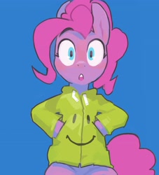 Size: 3724x4096 | Tagged: safe, artist:baigak, pinkie pie, earth pony, pony, g4, bipedal, blue background, clothes, female, jacket, looking at you, mare, simple background, smiley face, solo, wide eyes