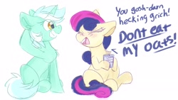 Size: 3840x2160 | Tagged: safe, artist:lbrcloud, bon bon, lyra heartstrings, sweetie drops, earth pony, pony, unicorn, g4, angry, arm behind head, bon bon is not amused, cute, duo, euphemism, expensive imported oats, eyes closed, food, grin, high res, l.u.l.s., madorable, oats, simple background, smiling, that pony sure does love oats, unamused, white background, yelling