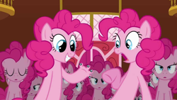 Size: 1280x720 | Tagged: safe, artist:anonymous, edit, edited screencap, screencap, pinkie pie, earth pony, pony, g4, too many pinkie pies, amogus, among us, cartoon physics, clever, clone, cursed image, eyes closed, female, fingers, hand, lidded eyes, mare, meme, multeity, pinkie being pinkie, pinkie clone, pinkie physics, shocked, shocked expression, sitting, smiling, suddenly hands, sus (among us)