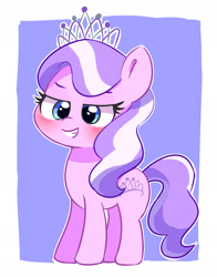 Size: 1884x2404 | Tagged: safe, artist:leo19969525, diamond tiara, earth pony, pony, g4, abstract background, blue eyes, blushing, crown, hair, jewelry, looking at you, regalia, smiling, smiling at you, solo, tail
