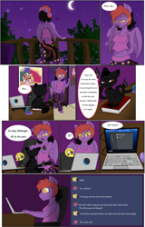 Size: 1600x2500 | Tagged: safe, artist:darkdreamingblossom, oc, oc only, oc:dark dreaming blossom, oc:zoa, cat, pegasus, anthro, comic:the first meeting, breasts, comic, computer, female, pegasus oc, speech bubble