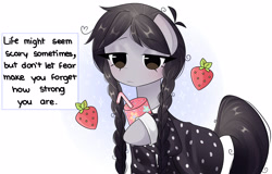 Size: 4200x2688 | Tagged: safe, artist:arwencuack, oc, oc:wednesday, earth pony, pony, 4chan, bendy straw, clothes, commission, commission open, dress, drinking straw, female, food, mare, positive ponies, simple background, solo, strawberry, the addams family, wednesday, wednesday (series), wednesday addams, weekday ponies, white background