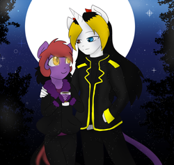 Size: 2000x1900 | Tagged: safe, artist:darkdreamingblossom, oc, oc:dark dreaming blossom, incubus, anthro, anthro oc, duo, female, heterochromia, male, moon, night, oc x oc, shipping, straight