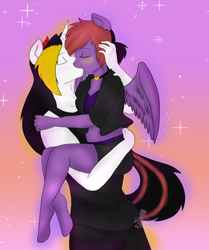 Size: 2528x3022 | Tagged: safe, artist:darkdreamingblossom, oc, oc only, oc:dark dreaming blossom, oc:zoa, incubus, pegasus, anthro, anthro oc, blushing, bridal carry, carrying, duo, eyes closed, female, high res, kissing, male, pegasus oc, straight