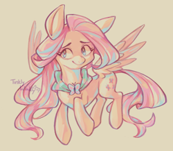 Size: 760x665 | Tagged: safe, artist:tinklywinkly, fluttershy, pegasus, pony, g4, alternate hairstyle, aside glance, clothes, female, looking at you, mare, shawl, smiling, solo, spread wings, turned head, wings