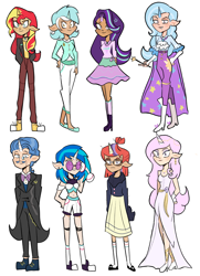 Size: 3633x5016 | Tagged: safe, artist:charrlll, dj pon-3, fancypants, fleur-de-lis, lyra heartstrings, moondancer, starlight glimmer, sunset shimmer, trixie, vinyl scratch, human, belly button, boots, bowtie, cape, choker, clothes, coat, converse, dark skin, dress, ear piercing, earring, elf ears, evening gloves, eyeshadow, facial hair, female, flats, glasses, gloves, headphones, high heel boots, high heels, horn, horned humanization, humanized, jacket, jeans, jewelry, leather jacket, long gloves, magic wand, makeup, male, midriff, monocle, moustache, necklace, pants, piercing, shirt, shoes, shorts, simple background, skirt, socks, stockings, suit, sweater, t-shirt, thigh highs, trixie's cape, vinyl's glasses, wand, white background