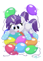 Size: 2480x3508 | Tagged: safe, artist:praisecastiel, oc, oc:indigo wire, pony, unicorn, balloon, balloon riding, coat markings, cute, female, high res, mare, party balloon, ponytail, socks (coat markings), that pony sure does love balloons, tongue out