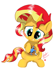 Size: 2844x3794 | Tagged: safe, artist:praisecastiel, sunset shimmer, pony, unicorn, g4, blushing, bow, cookie, cute, female, filly, filly sunset shimmer, foal, food, heart, high res, label, ribbon, shimmerbetes, signature, simple background, solo, transparent background, vector, younger