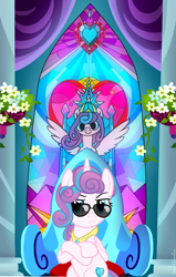 Size: 2599x4096 | Tagged: safe, artist:gaiusmaximiliano, princess flurry heart, alicorn, pony, g4, crossed hooves, cute, flurrybetes, jewelry, necklace, older, older flurry heart, sitting, stained glass, sunglasses, swag, throne