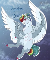 Size: 1064x1280 | Tagged: safe, alternate version, artist:inisealga, rainbow dash, pegasus, pony, g4, abstract background, cloud, coat markings, colored hooves, colored wings, facial markings, female, mare, multicolored hair, multicolored mane, redesign, scar, sky, socks (coat markings), solo, spread wings, wings