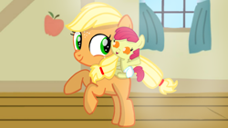 Size: 1280x720 | Tagged: safe, artist:mlplary6, apple bloom, applejack, earth pony, pony, g4, adorabloom, apple bloom riding applejack, apple sisters, baby, baby apple bloom, cute, female, filly, filly applejack, foal, happy, jackabetes, ponies riding ponies, riding, siblings, sisters, smiling, younger