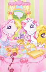 Size: 295x465 | Tagged: safe, butterscotch (g3), fluttershy (g3), star swirl (g3), earth pony, pony, g3, official, craft, cute, shyabetes, table, trio