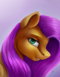 Size: 1024x1306 | Tagged: safe, artist:allforyouart, fluttershy, pegasus, pony, g4, bust, female, gradient background, looking at you, mare, portrait, smiling, solo, three quarter view
