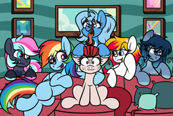 Size: 8192x5460 | Tagged: safe, artist:sadfloorlamp, rainbow dash, oc, oc:hotfix, oc:opal brona, oc:torsher, oc:triksa, bat pony, earth pony, lamia, original species, pegasus, pony, snake, unicorn, g4, couch, eating, female, forked tongue, male, maw, pillow, stallion, tongue out