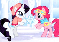 Size: 525x375 | Tagged: safe, pinkie pie, rarity, earth pony, pegasus, pony, g4, official, season 1, winter wrap up, bipedal, clothes, duo, duo female, female, headband, scarf, snow, snowflake, standing, winter, winter outfit