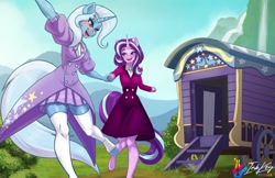 Size: 1224x792 | Tagged: safe, artist:inkkeystudios, starlight glimmer, trixie, unicorn, anthro, unguligrade anthro, g4, blouse, clothes, coat, cute, diatrixes, dress, female, glimmerbetes, headmare starlight, lesbian, ship:startrix, shipping, skirt, socks, thigh highs, trixie's wagon, wagon