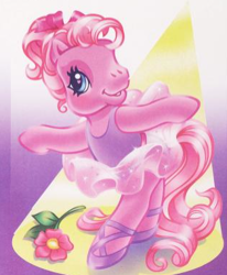 Size: 314x381 | Tagged: safe, artist:lyn fletcher, pinkie pie (g3), earth pony, pony, g3, official, ballet, ballet slippers, bipedal, clothes, flower, heart, heart eyes, pink mane, pinkarina, shoes, solo, spotlight, tutu, wingding eyes