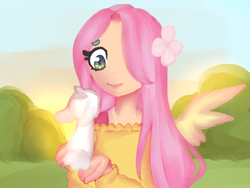 Size: 1280x960 | Tagged: safe, artist:muuiishu, angel bunny, fluttershy, human, rabbit, g4, animal, beanbrows, clothes, eye contact, eyebrows, female, flower, flower in hair, hair over one eye, holding, humanized, looking at each other, looking at someone, outdoors, smiling, solo, sweater, sweatershy, winged humanization, wings