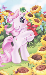 Size: 324x527 | Tagged: safe, artist:lyn fletcher, desert rose, earth pony, pony, g3, official, bipedal, blushing, bouquet, clover, flower, four leaf clover, heart, heart eyes, hoof heart, solo, sunflower, wingding eyes