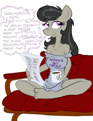 Size: 2153x2786 | Tagged: safe, artist:epic-panda17, artist:trollie trollenberg, octavia melody, earth pony, anthro, plantigrade anthro, 2012, bare shoulders, barefoot, breasts, busty octavia melody, coffee, coffee mug, dialogue, feet, female, high res, implied vinyl scratch, mug, newspaper, simple background, sitting, solo, speech bubble, transparent background